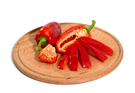 Red sweet bell pepper slices isolated on white background cutoutの写真素材