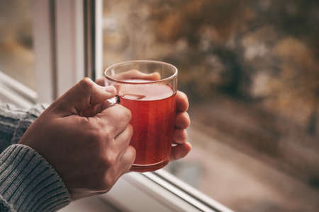 Male hands with a cup of hot tea near the window. Cozy home atmosphere. Lifestyle at home autumn winter seasonの写真素材