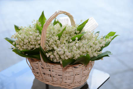 Lily the valley, a bouquet of lilies in a basket on a light blue background.の写真素材