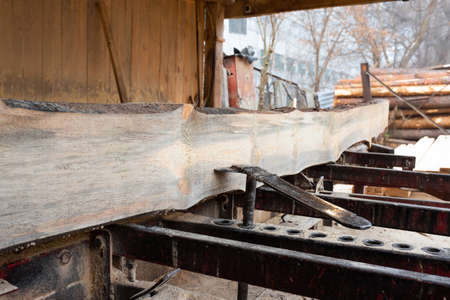 Timber material processing and cutting at sawmill. Sawing machine at wood production factory. Lumber Industry.の写真素材