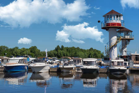 Kiev, Ukraine - June 01, 2018 : Yachts docked in city port. river parking of modern motor boatsのeditorial素材