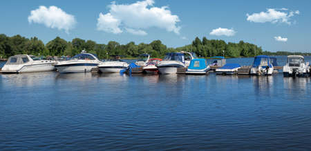 Kiev, Ukraine - June 01, 2018 : The moored boats in the river mooringのeditorial素材