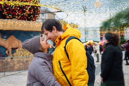 Happy couple in love enjoy christmas or valentines day.の写真素材