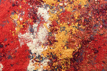 Various spices and seasonings as a background. Seasoning texture, top viewの写真素材