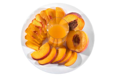Ripe peach. Top view, white backgroundの写真素材