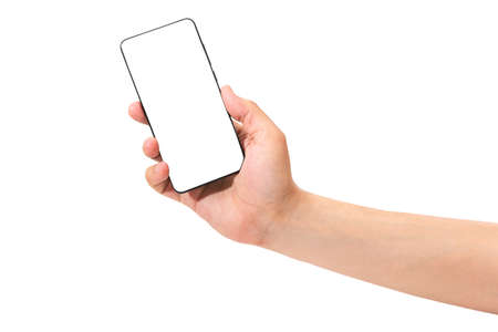 Male hand holding black smartphone isolated on white background