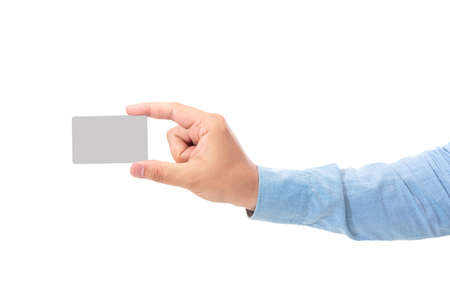 Mans hand holding blank card isolated on white backgroundの写真素材