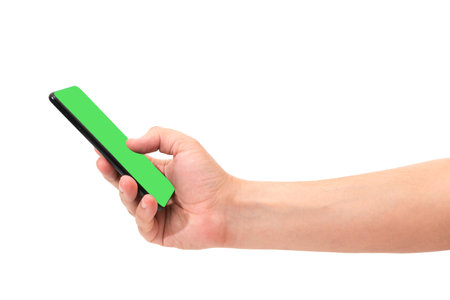 Phone in mans hand isolated on white backgroundの写真素材