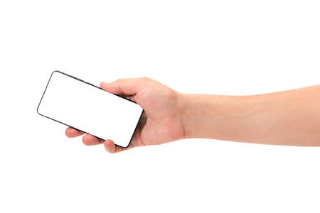 Man holding smartphone with blank screen isolated on white background with clipping pathの写真素材
