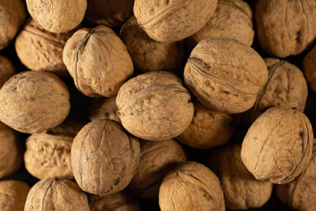 Heap of walnuts in shell at the market. Healthy organic food. top viewの写真素材