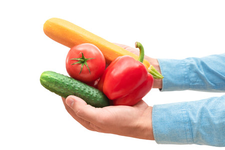 Fresh vegetables in male hands isolated on white background. Organic productsの写真素材