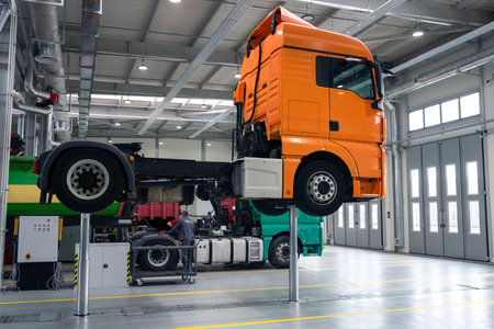 Truck on a lift in a car service. Service maintenance of trucks. Car being serviced in a large garage. Diagnostics, repair.の写真素材