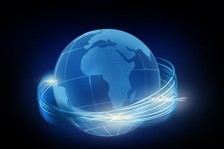 Global world network. Colorful glow light effect. Background with flying globe design elementsの写真素材