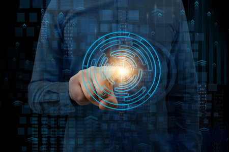 Human hand touching the digital data network connection screen. Artificial intelligence, science and...