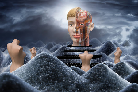 Artificial Intelligence. Mannequins symbolizing robots around the brain center in the form of a...
