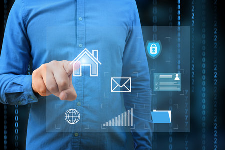 A young man is using a virtual screen. Global network and data exchange in human hands. Wireless connection technologyの写真素材
