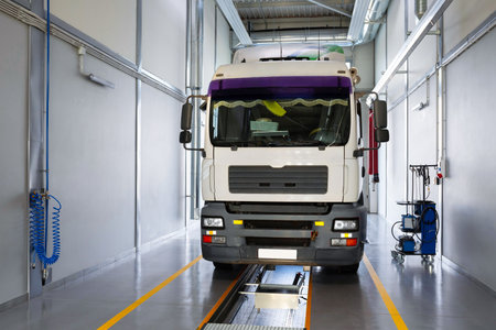 Servicing and repairing trucks in a large garage. Truck in a car service for diagnostics. Car serviceの写真素材