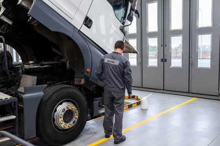 Auto mechanic checking the truck in the garage. Servicing and repairing trucks in a large garage....