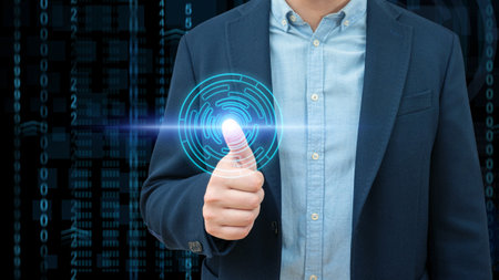A man touches a digital network with his finger. Wireless connection technology. Global network and data exchange in human handsの写真素材