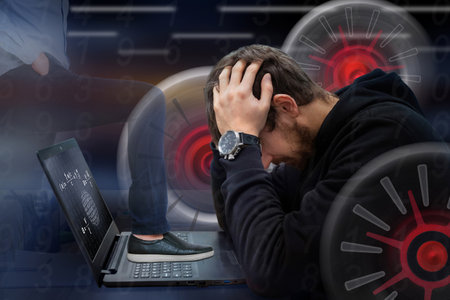 A person with a computer thinks over the acceleration formula. Global network and data exchangeの写真素材