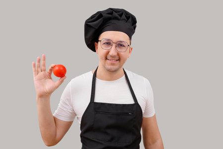 Happy chef with tomato in hand looking at camera on gray background. The concept of cookingの写真素材