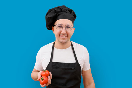 Happy chef with tomatoes in his hand looking at the camera on a blue background. Cooking conceptの写真素材