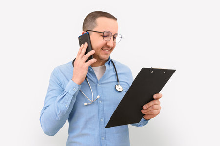 Young friendly male doctor with a clipboard talking on the phone on a light white background.の写真素材