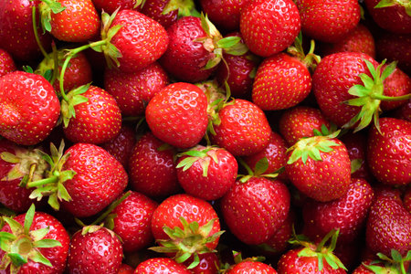 Harvest of ripe red strawberries in the market.の写真素材