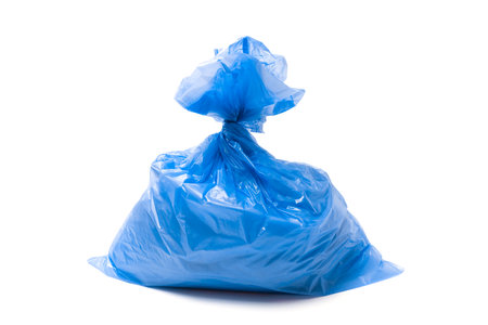 Blue garbage bag isolated on white backgroundの写真素材