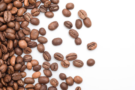 Coffee beans isolated on white background, top viewの写真素材