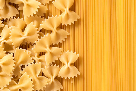 Italian dry pasta on the table, top viewの写真素材