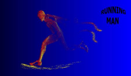 Runner of the particles. The man runs and the wind out of him pulling out pieces in the shape of a circle on blue background. Vector illustration.のイラスト素材