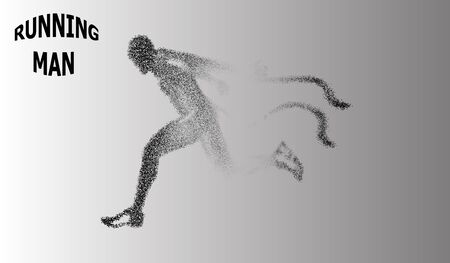Runner of the particles. The man runs and the wind out of him pulling out pieces in the shape of a circle. Vector illustration.のイラスト素材