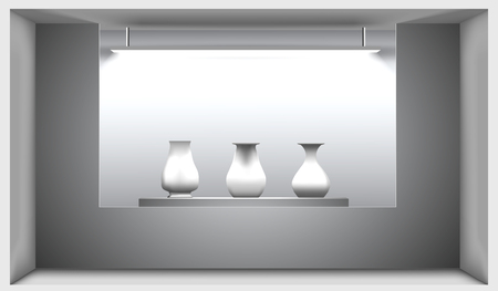 EPS10. Exhibition hall, a stand with ancient amphorae lit by a lamp. Vector illustration. 3d interior.のイラスト素材
