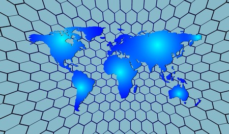 eps10. Abstract world map on a background of hexagons. Vector illustrationのイラスト素材