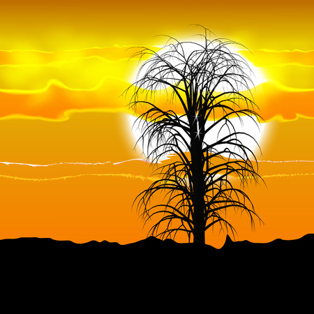 Illustration of several tree silhouette under the African sun and clouds.のイラスト素材