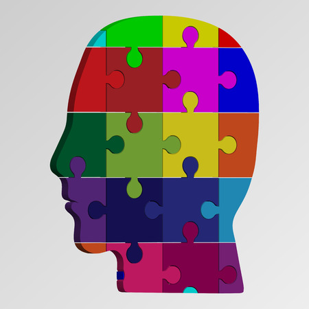 eps10. A person's face consists of a multi-colored puzzle. Vector illustration of a logical taskのイラスト素材