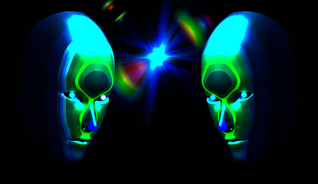 eps10. Two multicolored heads against each other, against a background of bright light in the dark....