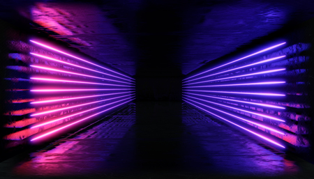 3d render. Geometric figure in neon light against a dark tunnel. Laser line glow.の写真素材