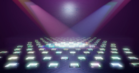 3d rendering illustration. A scene of a theater or an exhibition hall in the light of searchlights....