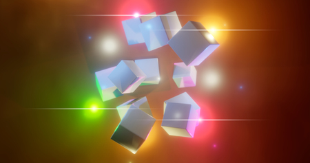 3D rendering. Multicolored cubes on a bright background. Geometric figures surrounded by bright...