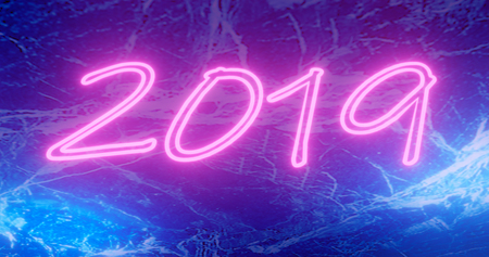 3d rendering. 2019 New Year Concept with Colorful Neon Lights and bokeh. Retro Design Elements for...