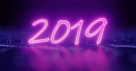 3d rendering. 2019 New Year Concept with Colorful Neon Lights and bokeh. Retro Design Elements for...
