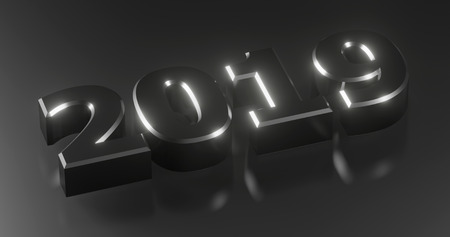 3d rendering. Happy New Year 2019. Holiday illustration silver numerals 2019 on a background in gray...