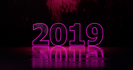 3d rendering. Happy New Year 2019. Holiday illustration purple neon numerals 2019 on a background in...