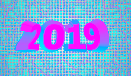 Happy New Year 2019. Holiday vector illustration of colored numeral 2019 on a different color pixel background. Realistic 3d sign. Festive poster or banner design.のイラスト素材