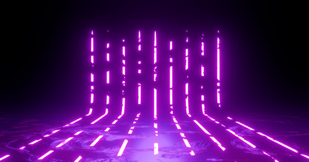 3d rendering illustration. Vertical lines Purple and red neon lights on a black background. Neon...