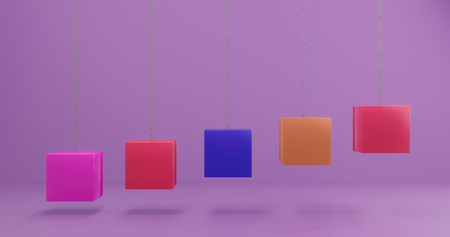 3d rendering. Multi-colored cubes suspended on a chain against the background of a light violet canvas. Abstract illustration.の写真素材