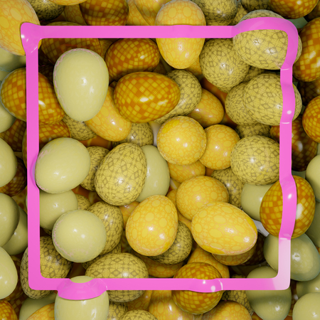 Illustration of Easter eggs of gold color and a pink ribbon in the form of a frame. Festive backgroundの写真素材