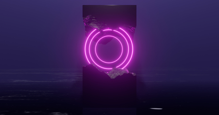 3d rendering illustration. Hoop or circle, Purple and red neon light on the background of a chopped granite block. Neon frame for your designの写真素材